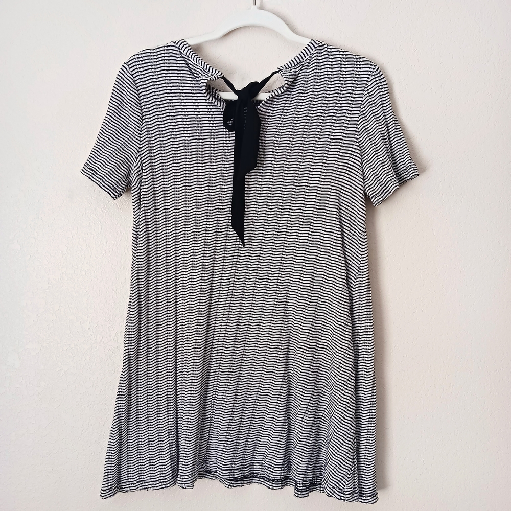 Loft Striped Tie Back Swing Mini Dress Medium Petite Black White